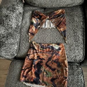 Fashion Nova Brown and Orange Wrap Mini Skirt Set Casual